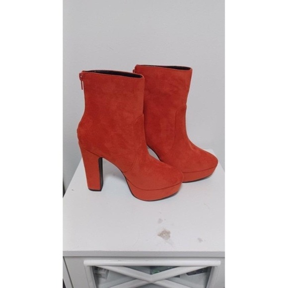 Women's TRENDY orange suede faux leather 5" block heel platform boots Size 7 - Picture 12 of 14